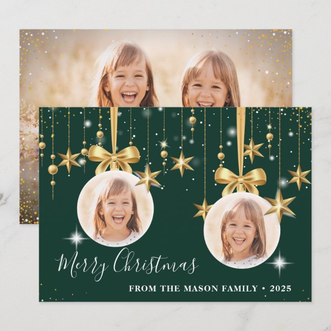Cartes Pour Fêtes Annuelles Fun Noël Ornement Photo Vert Or (Devant / Derrière)