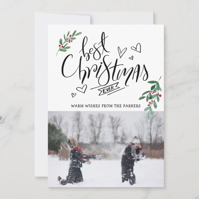 Cartes Pour Fêtes Annuelles Fun Script Red Holly Berries Meilleur Noël Jamais (Devant)