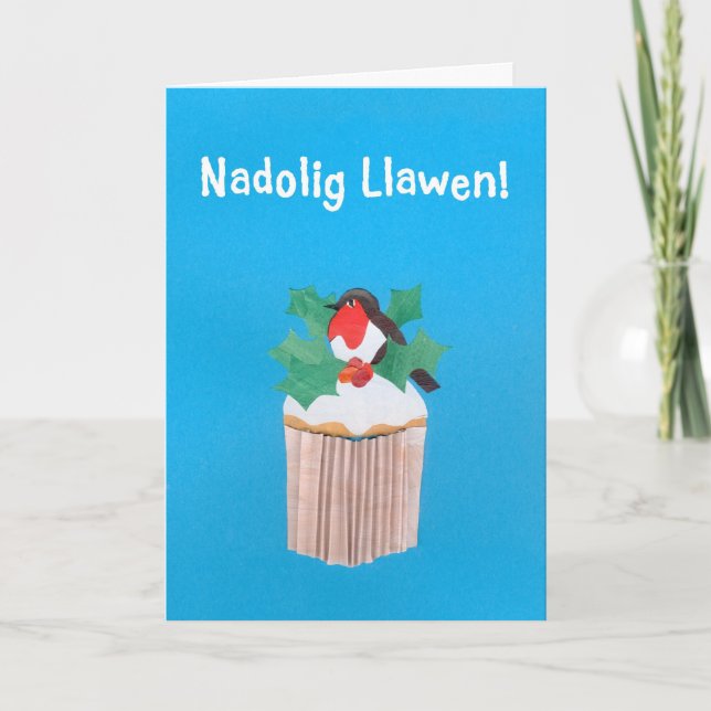 Cartes Pour Fêtes Annuelles Fun Welsh Christmas Card, Cupcake avec Robin (Devant)