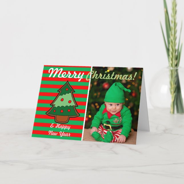 Cartes Pour Fêtes Annuelles Funky Festif Tree and Elf Stripes Photo personnali (Devant)