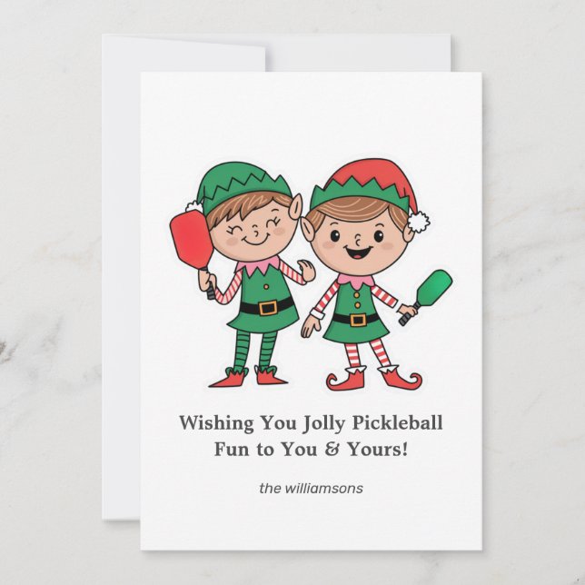 Cartes Pour Fêtes Annuelles Funky Pickleball Elfes de Noël, Texte personnalisé (Devant)