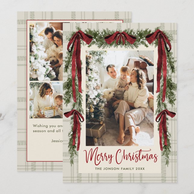 Cartes Pour Fêtes Annuelles Funky Velvet Christmas Boho Red Bow 5 Photo (Devant / Derrière)