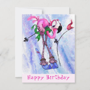 Cartes Pour Fêtes Annuelles Funny Birthday Card Pink Flamant rose Skier - Cart