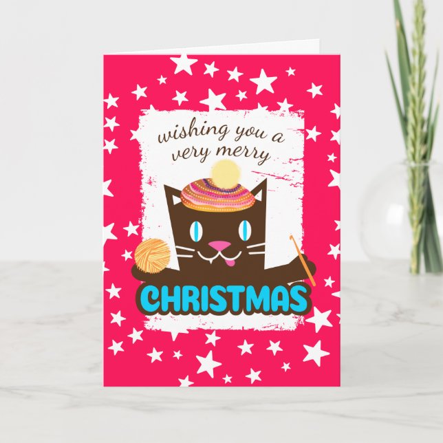 Cartes Pour Fêtes Annuelles Funny chat Noël casquette crochet crochet fils (Devant)