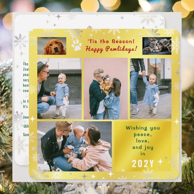 Cartes Pour Fêtes Annuelles Funny Dog Cat Happy Pawlidays Peace Love Photos  (Funny Cat Dog Photo Happy Pawlidays with 6 Photos. Golden Background, Snowflakes. Peace, Love, Joy)