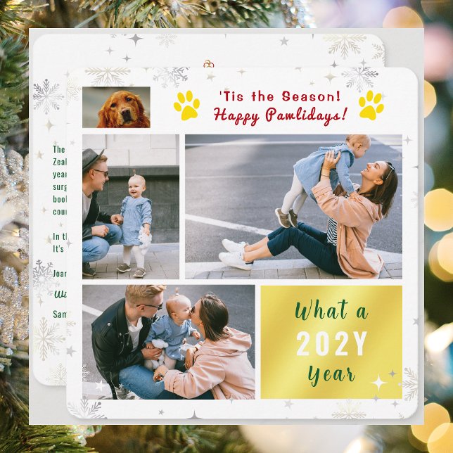 Cartes Pour Fêtes Annuelles Funny Dog Happy Pawlidays Photos Christmas Letter (Funny Dog Cat Photo Happy Pawlidays with 4 Photos Total. Elegant Cute Snowflakes. What a year letter)