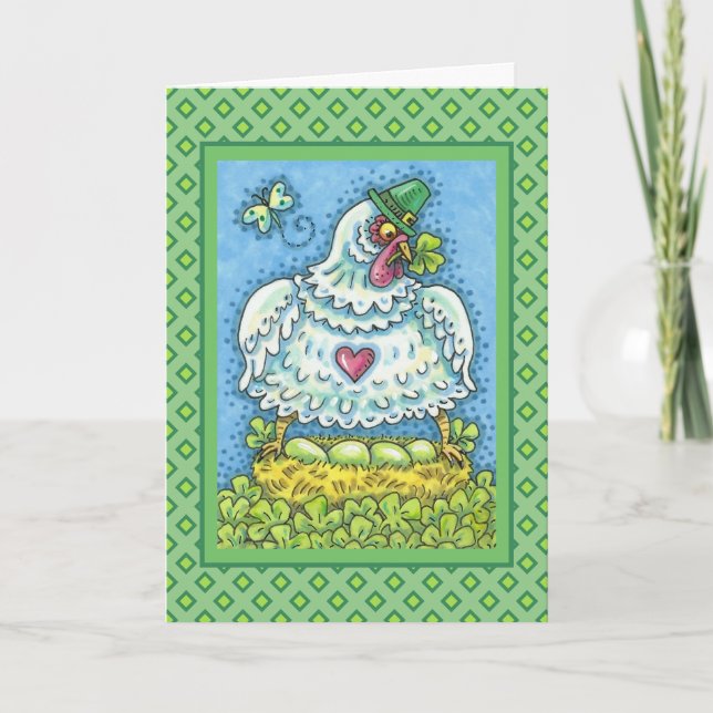 CARTES POUR FÊTES ANNUELLES FUNNY IRISH HEN, OEUFS VERTS ET SHAMROCK CUIT (Devant)