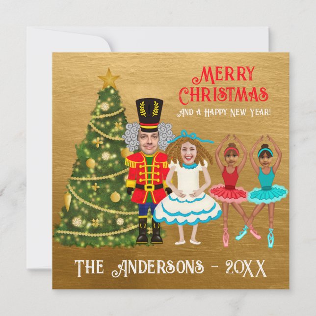Cartes Pour Fêtes Annuelles Funny Nutcracker Famille de quatre | Twin Girls (Devant)