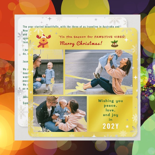 Cartes Pour Fêtes Annuelles Funny Rudolph Peace Love Joy Elegant Golden Photo (Elegant Golden Funny Pawsitive Vibes Rudolph Christmas Card 3 Photos Peace Love Joy Snowflakes Stars)