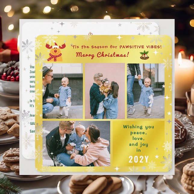 Cartes Pour Fêtes Annuelles Funny Rudolph Peace Love Joy Photos Elégant Golden (Cute Funny Elegant Rudolph 'Tis the Season for Pawsitive Merry Christmas 4 Photos Snowflakes Golden)