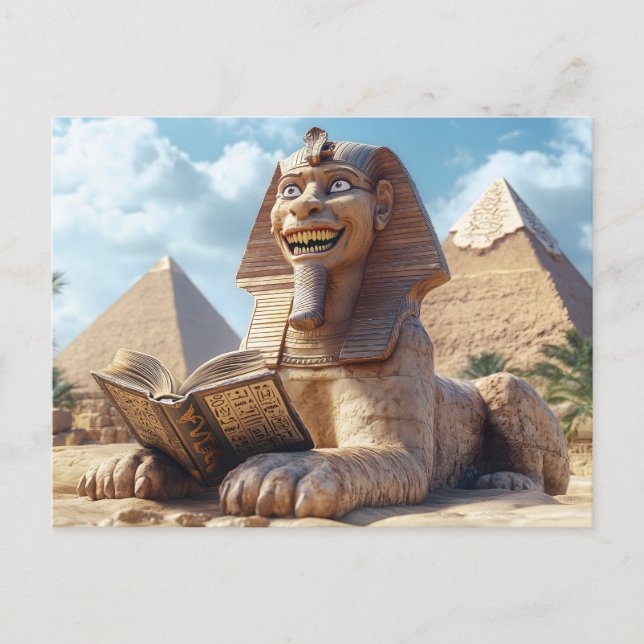 Cartes Pour Fêtes Annuelles Funny Sphinx Statue Lecture Ancien Livre en Egypte (Devant)