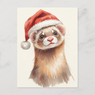 Cartes Pour Fêtes Annuelles Furet mignon en chapeau de Père Noël aquarelle