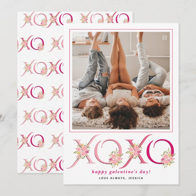 Cartes Pour Fêtes Annuelles Fushia floral XOXO Galentines Day cœur photo (Devant / Derrière)