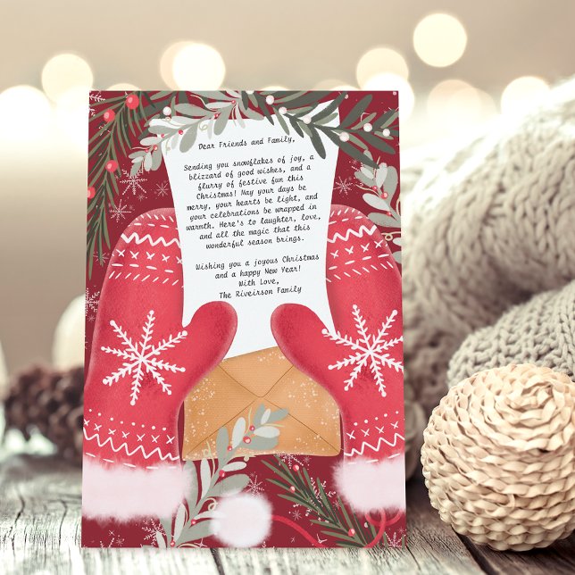 Cartes Pour Fêtes Annuelles Gants amusants illustration Famille de Noël 3 phot (Fun gloves illustration Christmas family 3 photos Holiday Card on red)