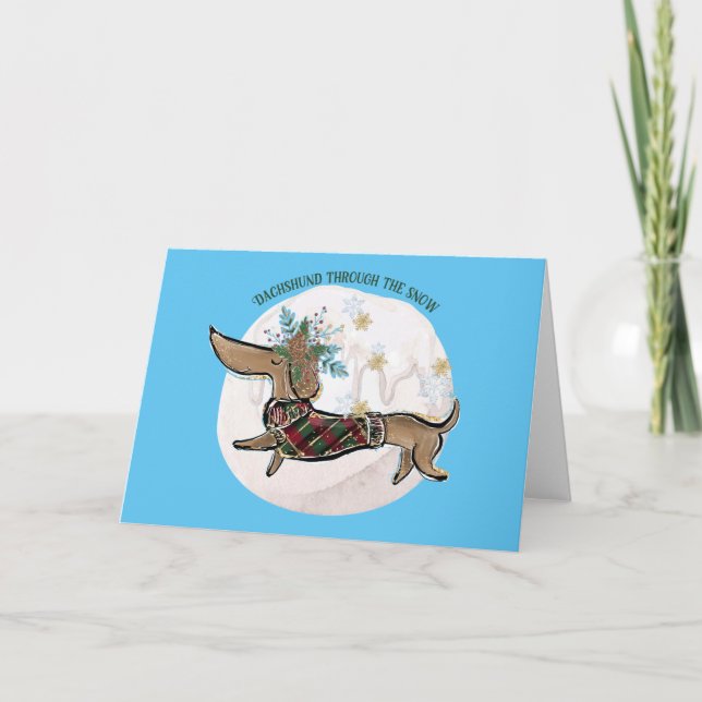 Cartes Pour Fêtes Annuelles Garçon Dachshund À Travers La Neige (Devant)