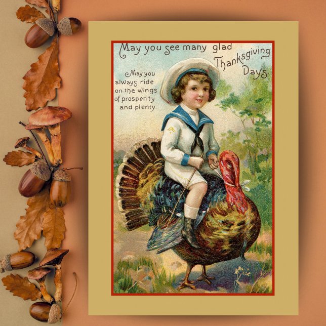 Cartes Pour Fêtes Annuelles Garçon équitation Turquie Custom Thanksgiving Vint (Boy Riding Turkey Custom Vintage Thanksgiving Card with editable text.  Just add your name!)