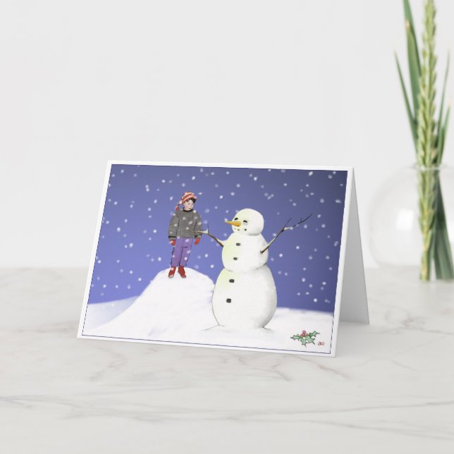 Cartes Pour Fêtes Annuelles Garçon et Snowman (Devant)