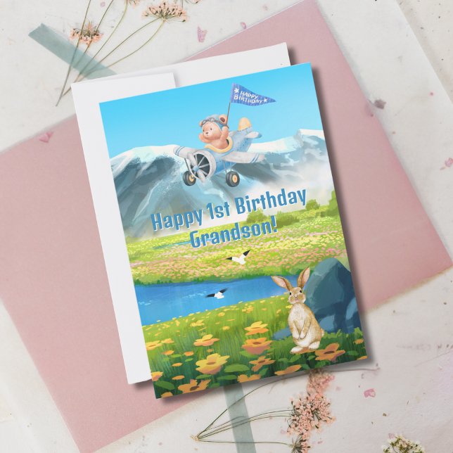 Cartes Pour Fêtes Annuelles Garçon Premier Anniversaire Teddy Bear Avion Grand (Créateur téléchargé)