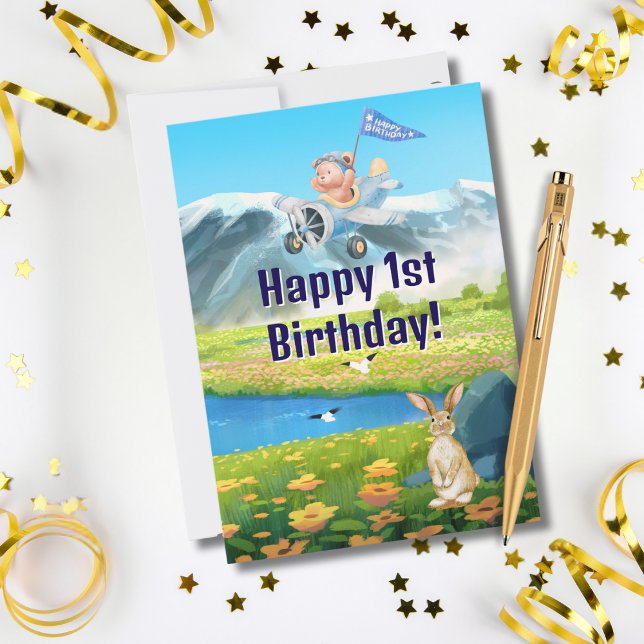 Cartes Pour Fêtes Annuelles Garçon Premier Anniversaire Teddy Ours Avion Monta (Créateur téléchargé)