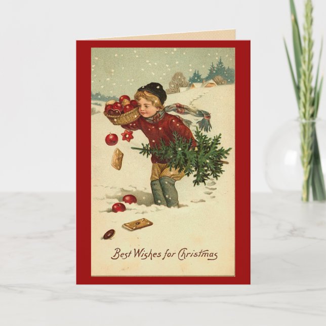 Cartes Pour Fêtes Annuelles Garçon victorien avec sapin de Noël (Devant)