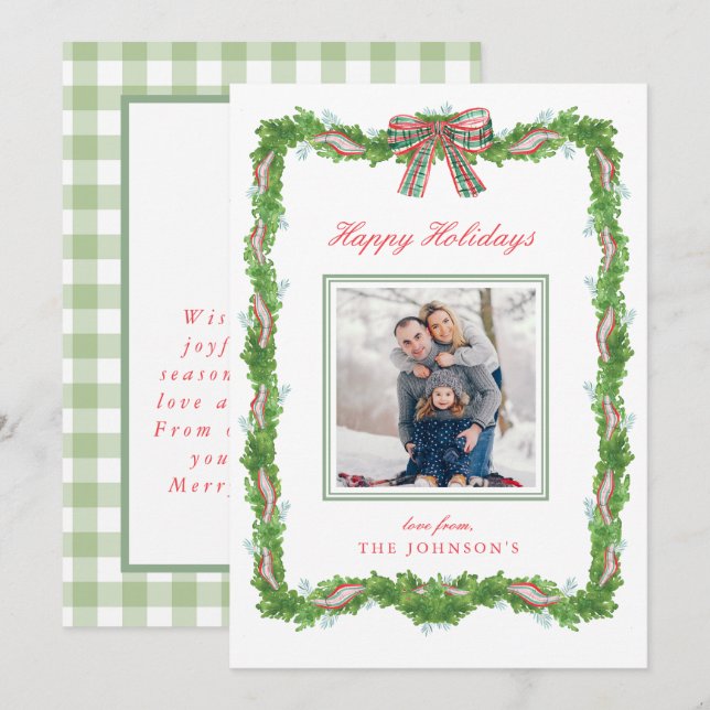 Cartes Pour Fêtes Annuelles Garland Frame Ruban Plaid Bow Christmas Photo (Devant / Derrière)