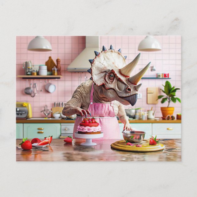 Cartes Pour Fêtes Annuelles Gâteau de cuisson Dinosaur dans cuisine rétro (Devant)