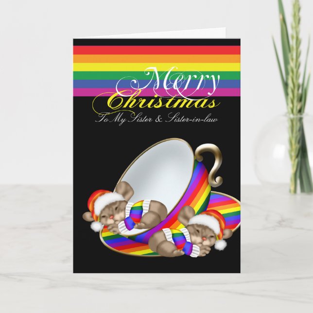 Cartes Pour Fêtes Annuelles Gay pride Whimsical Christmas Teacup Mice (Devant)