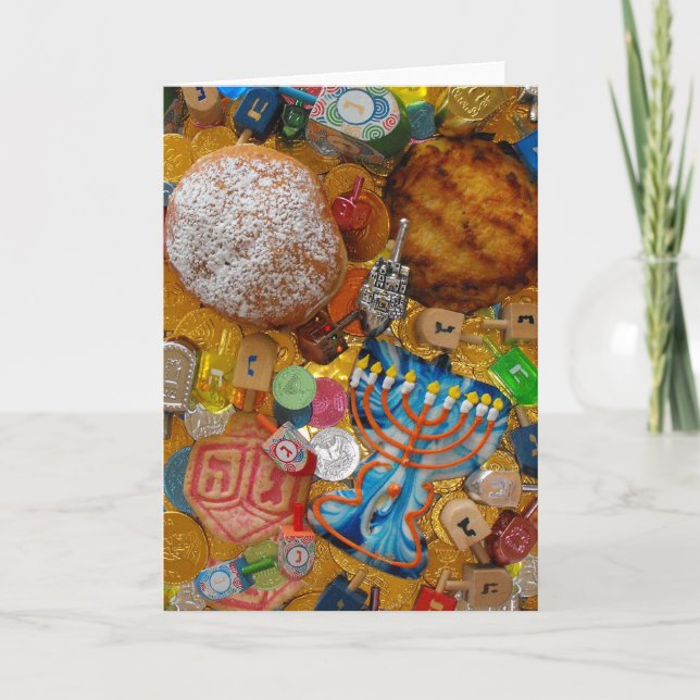 Cartes Pour Fêtes Annuelles Gelt, Dreidels, Menorah, Sufganiot & Latke (Devant)