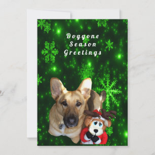 Cartes Pour Fêtes Annuelles German Shepherd, Toy Reindeer, Green Snowflakes