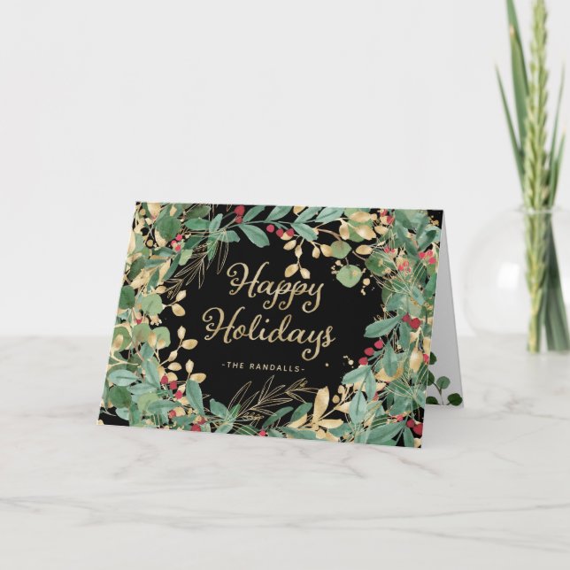 Cartes Pour Fêtes Annuelles Gilded Greenery Black | Joyeuses Fêtes (Devant)