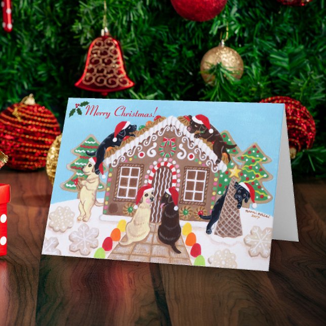 Cartes Pour Fêtes Annuelles Ginger Pread House Labradors Peinture (Ginger Bread House Labradors Design Christmas Cards for Labrador Owners.  Cute Labrador Painting.)