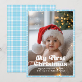 Cartes Pour Fêtes Annuelles Gingham Bleu Ciel Mon Premier Noël Bébé