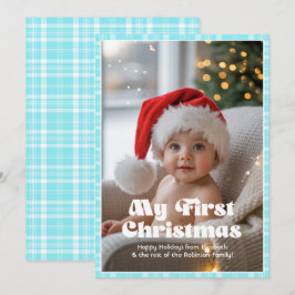 Cartes Pour Fêtes Annuelles Gingham Bleu Électrique Mon Premier Noël Bébé