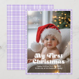 Cartes Pour Fêtes Annuelles Gingham Bleu Lavande Mon Premier Noël Bébé