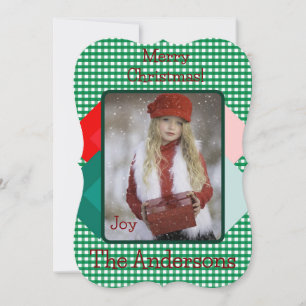 Cartes Pour Fêtes Annuelles Gingham Vert et Triangles Rouges Ajouter Photo