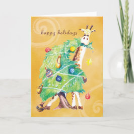 Cartes Pour Fêtes Annuelles Girafe grignotant sur l'arbre de Noël