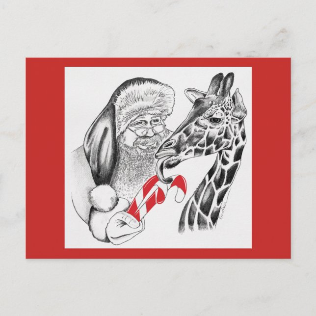 Cartes Pour Fêtes Annuelles Giraffe de Noël et Père Noël (Devant)