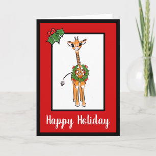 Cartes Pour Fêtes Annuelles Giraffe Festive avec couronne de baies Holly