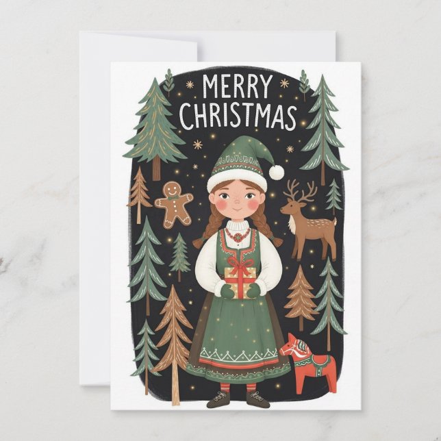 Cartes Pour Fêtes Annuelles Girl In Traditional Dress Holding Gift (Devant)