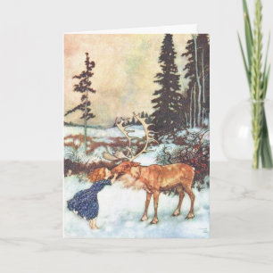 Cartes Pour Fêtes Annuelles "Girl kissing a reindeer"