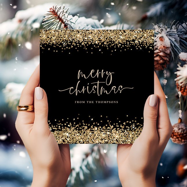 Cartes Pour Fêtes Annuelles Glam Gold Glitter Nom Joyeux Noël Noir (Créateur téléchargé)