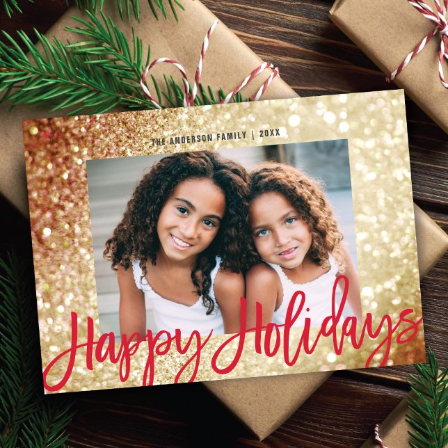 Cartes Pour Fêtes Annuelles Glam Gold Parties scintillant Rouge Script de Noël (Créateur téléchargé)