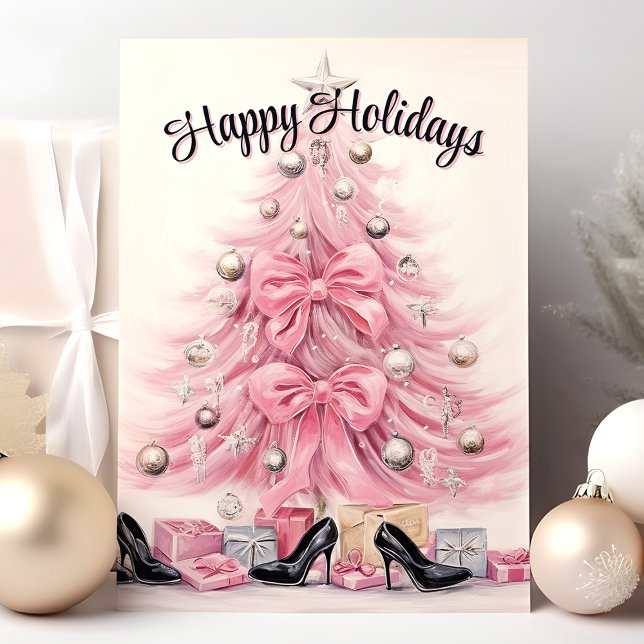 Cartes Pour Fêtes Annuelles Glam Heels Pink Christmas Tree Joyeuses vacances (Créateur téléchargé)