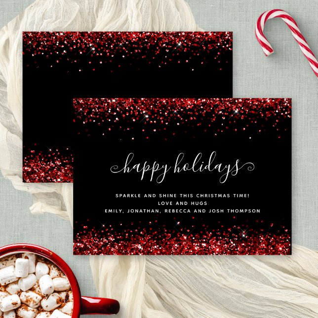 Cartes Pour Fêtes Annuelles Glam Red Parties scintillant Joyeuses vacances Noi (Front and back view)