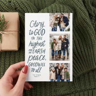 Cartes Pour Fêtes Annuelles Gloire à Dieu bleu trois photo religieux Noël