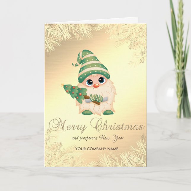 Cartes Pour Fêtes Annuelles Gnome, Branches d'Arbre de Pins d'Or, Entreprise (Devant)