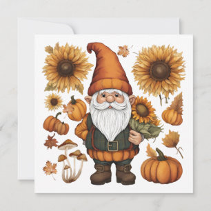 Cartes Pour Fêtes Annuelles Gnome d'automne avec Citrouilles et tournesols