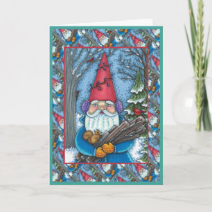 CARTES POUR FÊTES ANNUELLES GNOME DE NOËL, ÉCUREUIL, PIC ET CARDINAL