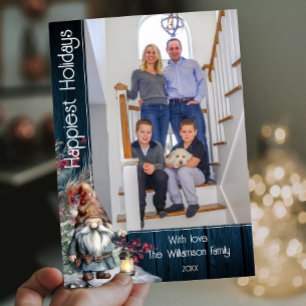 Cartes Pour Fêtes Annuelles Gnome de Noël rustique aquarelle   Photo bleue