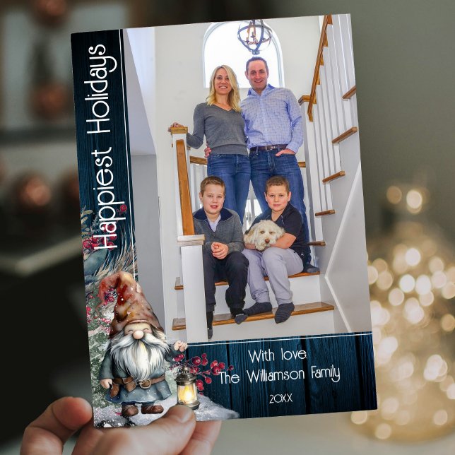 Cartes Pour Fêtes Annuelles Gnome de Noël rustique aquarelle | Photo bleue (Blue Rustic Watercolor Christmas Gnome Photo Holiday Card)